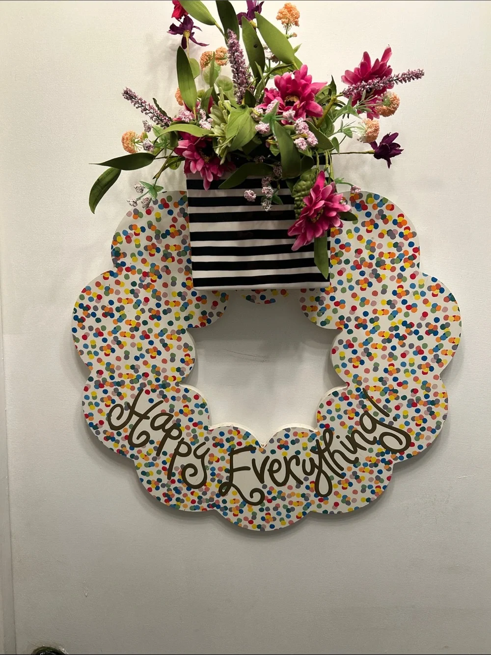 Happy Everything Coton Colors Wood Confetti Decorative Wreath with Floral Accent
